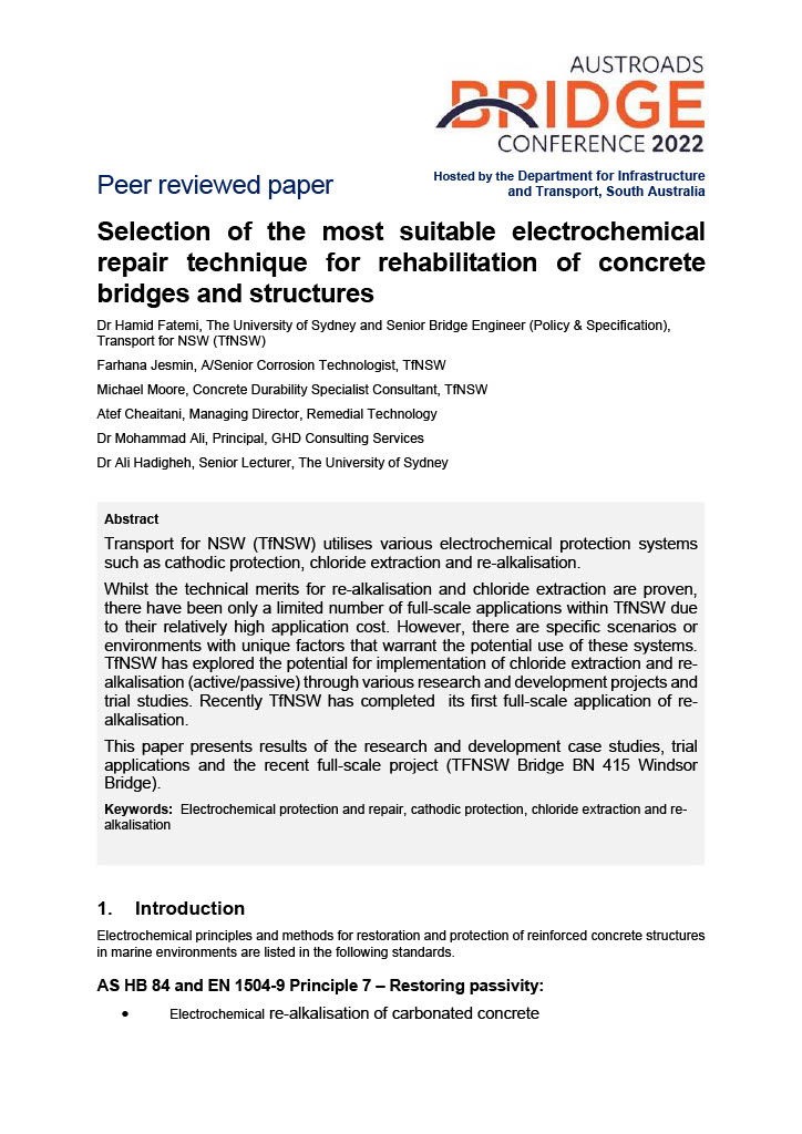 Selection of the most suitable electrochemical repair technique for rehabilitation of concrete bridges and structures
