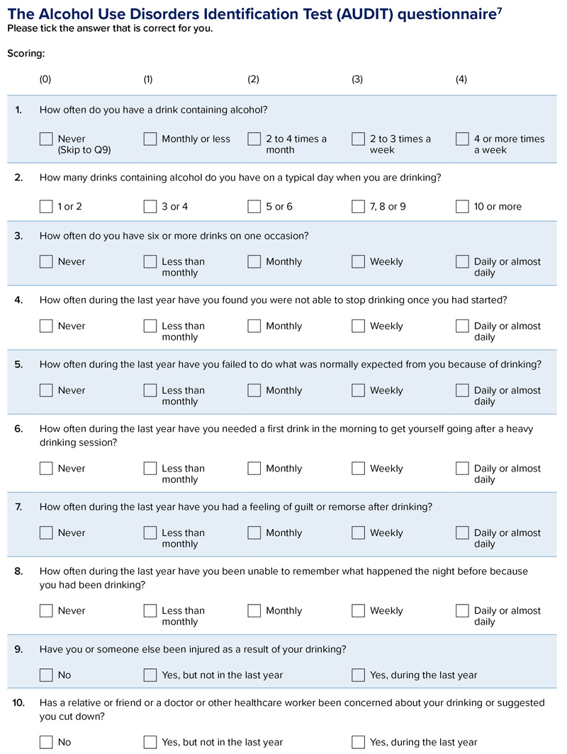 Example of AUDIT questionnaire, including these questions. Question 1: how often do you have a drink containing alcohol? Never (skip to q9); monthly or less; 2 to 4 times a month; 2 to 3 times a week; or, 4 or more times a week.  Question 2: how many drinks containing alcohol do you have on a typical day when you are drinking? 1 or 2; 3 or 4, 5 or 6; 7, 8 or 9; or, 10 or more.  Question three: How often do you have six or more drinks on one occasion? Never; less than monthly; monthly; weekly; or, daily or almost daily.  Question four: how often during the last year have you found you were not able to stop drinking once you had started? Never; less than monthly; monthly; weekly; or, daily or almost daily.   Question five: how often during the last year have you failed to do what was normally expected from you because of drinking? Never; less than monthly; monthly; weekly; or, daily or almost daily.  Question six: how often during the last year have you needed a first drink in the morning to get yourself going after a heavy drinking session? Never; less than monthly; monthly; weekly; or, daily or almost daily.  Question seven: how often during the last year have you had a feeling of guilt or remorse after drinking? never; less than monthly; monthly; weekly; or, daily or almost daily.  Question eight: how often during the last year have you been unable to remember what happened the night before because you had been drinking? Never; less than monthly; monthly; weekly; or, daily or almost daily.  Question nine: have you or someone else been injured as a result of your drinking? No; yes, but not in the last year; or, yes, during the last year.  Question 10: has a relative or friend or a doctor or other healthcare worker been concerned about your drinking or suggested you cut down? No; yes, but not in the last year; or, yes, during the last year.