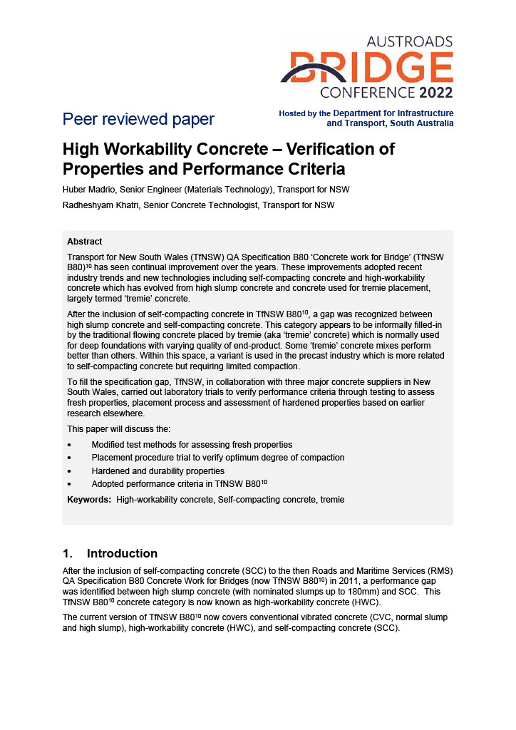 High Workability Concrete - Verification of Properties and Performance Criteria