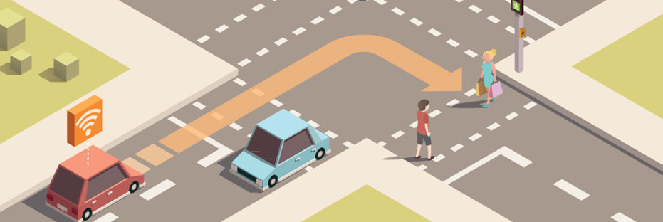 An illustration of a connected car preparing to turn into an intersection where pedestrians are crossing the road.
